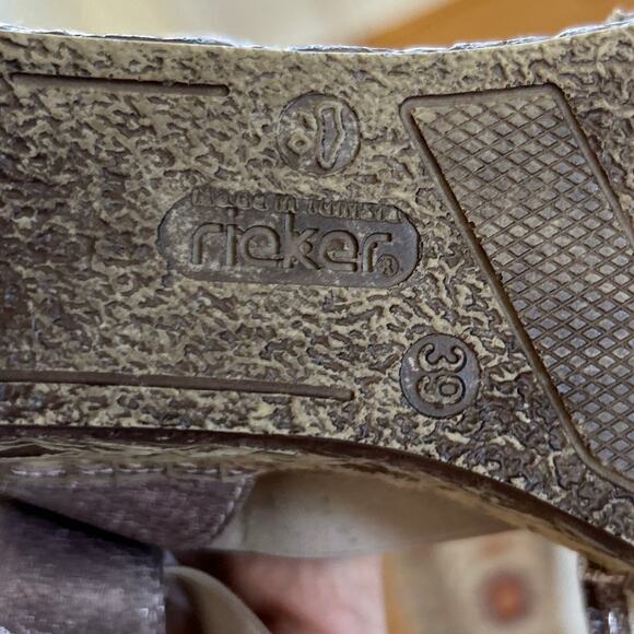 Rieker Taupe Brown & Tan Sparkle Leather & Plastic Espadrille Comfort Wedge - Picture 5 of 7